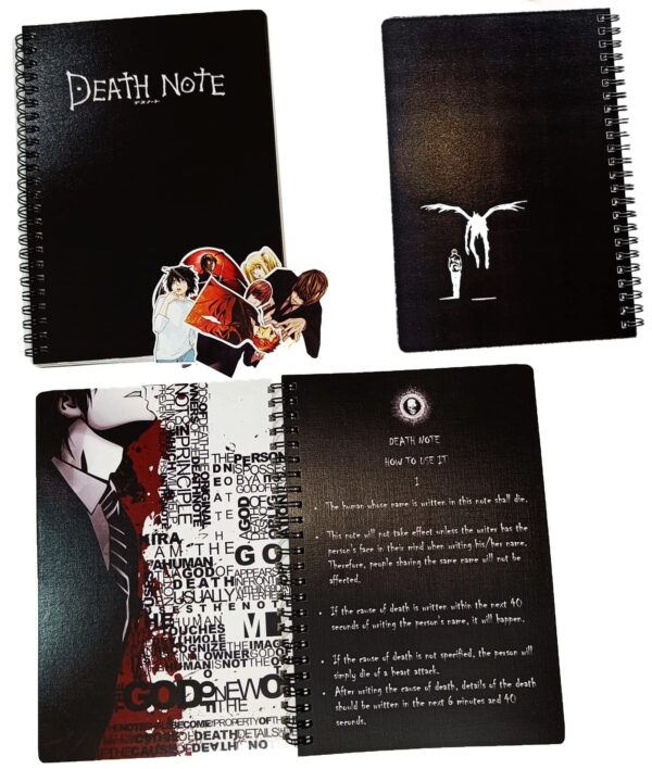 Death Note Notebook with 12 Death Note Stickers, Rules & 24 Art Covers in Coated Embossed Canvas paper, Quotes, Character names & logos of Death Note Anime in 110 Pages of 100 GSM Off-White Color Paper by Goku Ki Dukan